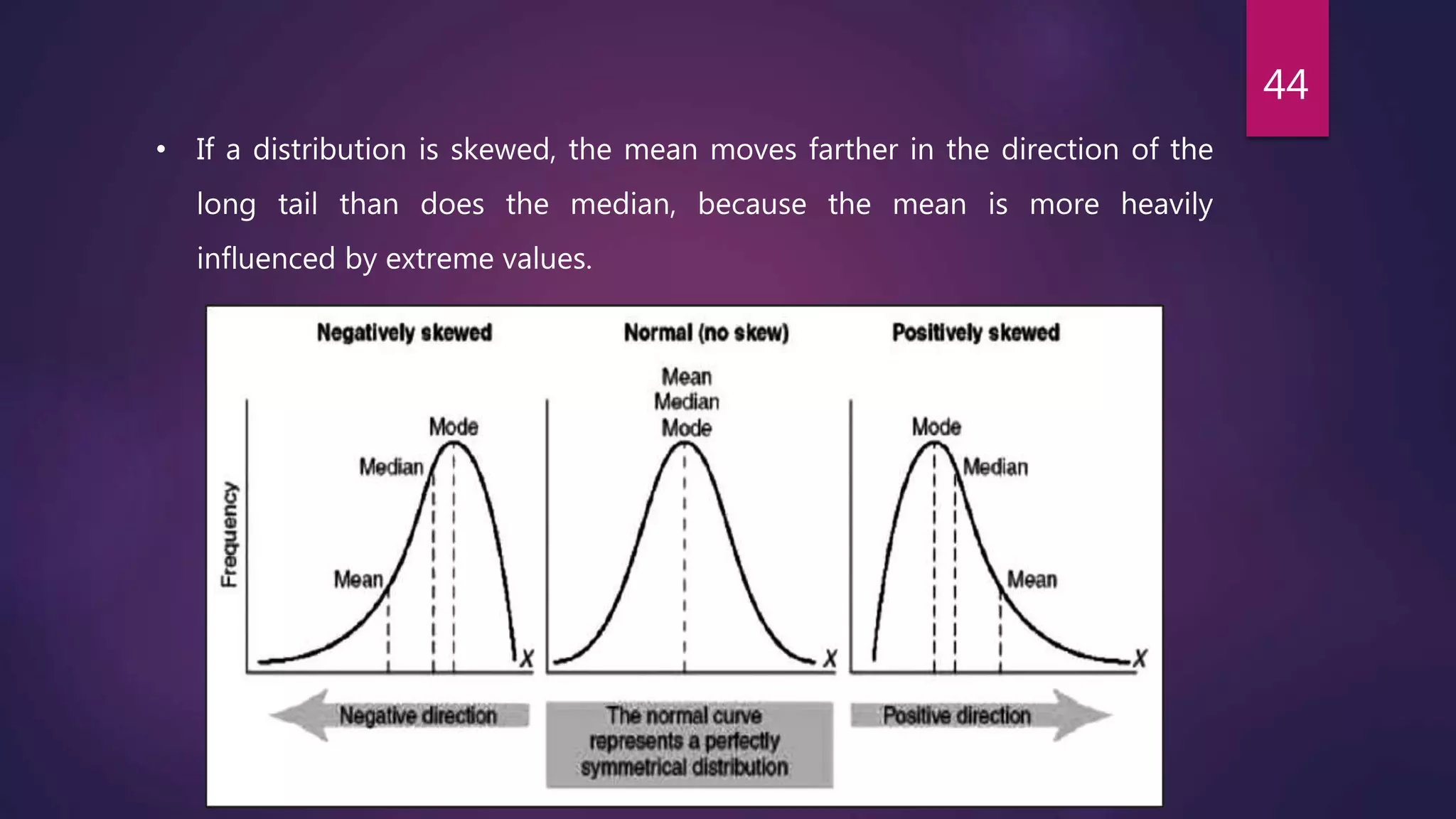 • If a distribution is skewed, the mean moves farther in the direction of the
long tail than does the median, because the mean is more heavily
influenced by extreme values.
44
 