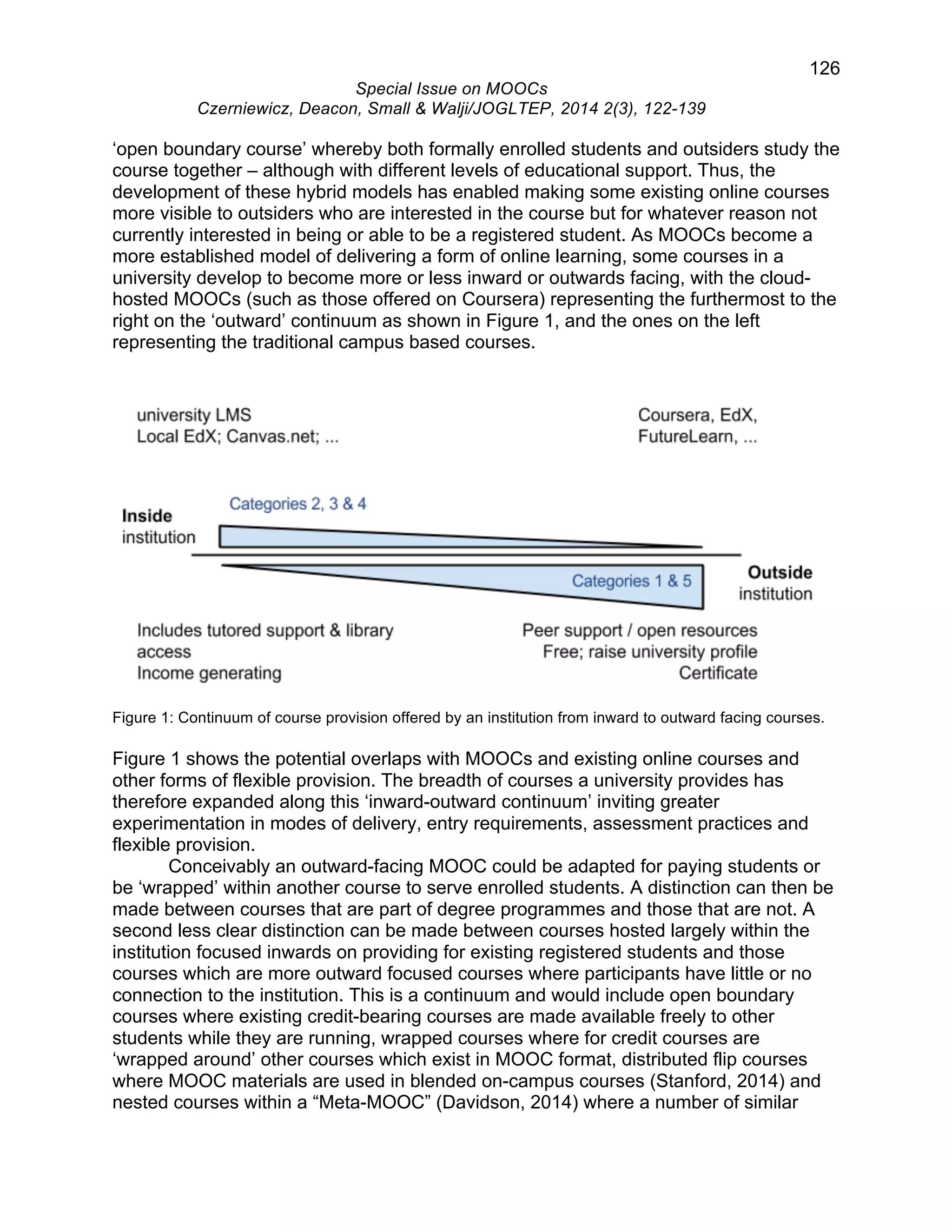 126 
Special Issue on MOOCs 
Czerniewicz, Deacon, Small & Walji/JOGLTEP, 2014 2(3), 122-139 
‘open boundary course’ whereby both formally enrolled students and outsiders study the 
course together – although with different levels of educational support. Thus, the 
development of these hybrid models has enabled making some existing online courses 
more visible to outsiders who are interested in the course but for whatever reason not 
currently interested in being or able to be a registered student. As MOOCs become a 
more established model of delivering a form of online learning, some courses in a 
university develop to become more or less inward or outwards facing, with the cloud-hosted 
MOOCs (such as those offered on Coursera) representing the furthermost to the 
right on the ‘outward’ continuum as shown in Figure 1, and the ones on the left 
representing the traditional campus based courses. 
Figure 1: Continuum of course provision offered by an institution from inward to outward facing courses. 
Figure 1 shows the potential overlaps with MOOCs and existing online courses and 
other forms of flexible provision. The breadth of courses a university provides has 
therefore expanded along this ‘inward-outward continuum’ inviting greater 
experimentation in modes of delivery, entry requirements, assessment practices and 
flexible provision. 
Conceivably an outward-facing MOOC could be adapted for paying students or 
be ‘wrapped’ within another course to serve enrolled students. A distinction can then be 
made between courses that are part of degree programmes and those that are not. A 
second less clear distinction can be made between courses hosted largely within the 
institution focused inwards on providing for existing registered students and those 
courses which are more outward focused courses where participants have little or no 
connection to the institution. This is a continuum and would include open boundary 
courses where existing credit-bearing courses are made available freely to other 
students while they are running, wrapped courses where for credit courses are 
‘wrapped around’ other courses which exist in MOOC format, distributed flip courses 
where MOOC materials are used in blended on-campus courses (Stanford, 2014) and 
nested courses within a “Meta-MOOC” (Davidson, 2014) where a number of similar 
 