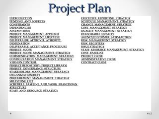Project PlanProject Plan
INTRODUCTION
FUNDING AND SOURCES
CONSTRAINTS
DEPENDENCIES
ASSUMPTIONS
PROJECT MANAGEMENT APPROCH
PROJECT MANAGEMENT LIFECYCLE
DELIVERALBE APPROVEL ATHORITY
DESIGNATION
DELIVERABLE ACCEPTANCE PROCEDURE
PROJECT SCOPE
PROJECT SCOPE MANAGEMENT STRATEGY
COMMUNICATION MANAGEMENT STRATEGY
CONFIGURATION MANAGEMENT STRATEGY
VERSION CONTROL
PROJECT REPOSITORY (PROJECT LIBRARY)
PROJECT GOVERNANCE STRUCTURE
STAKEHOLDER MANAGEMENT STRATAGY
ORGANIZATION/DEPT
PROCUREMENT MANAGEMENT STRATEGY
MILESTONE LIST
SCHEDULE BASELINE AND WORK BRAKEDOWN
STRUCTURE
STAFF AND RESOURCE STRATEGY
EXECUTIVE REPORTING STRATEGY
SCHEDULE MANAGEMENT STRATEGY
CHANGE MANAGEMENT STRATEGY
COST MANAGEMENT STRATEGY
QUALITY MANAGEMENT STRATEGY
DELIVERABLE QUALITY
AGENCY/CUSTOMER SATISFACTION
RISK MANAGEMENT STRATEGY
RISK REGISTERY
ISSUE STRATEGY
STAFF RESOURCE MANAGEMENT STRATEGY
COST BASELINE
PROJECT CLOSE
ADMINISTRATIVE CLOSE
CONTRACT CLOSE
43
 