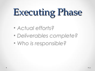 Executing PhaseExecuting Phase
• Actual efforts?
• Deliverables complete?
• Who is responsible?
54
 