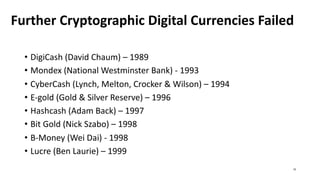 Further Cryptographic Digital Currencies Failed
• DigiCash (David Chaum) – 1989
• Mondex (National Westminster Bank) - 1993
• CyberCash (Lynch, Melton, Crocker & Wilson) – 1994
• E-gold (Gold & Silver Reserve) – 1996
• Hashcash (Adam Back) – 1997
• Bit Gold (Nick Szabo) – 1998
• B-Money (Wei Dai) - 1998
• Lucre (Ben Laurie) – 1999
10
 