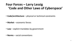 Four Forces – Larry Lessig
‘Code and Other Laws of Cyberspace’
• Code/architecture – physical or technical constraints
• Market – economic forces
• Law – explicit mandates by government
• Norms – social conventions
33
 