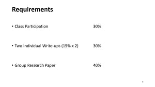 Requirements
• Class Participation 30%
• Two Individual Write-ups (15% x 2) 30%
• Group Research Paper 40%
35
 