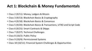 Act 1: Blockchain & Money Fundamentals
• Class 2 (9/11): Money, Ledgers & Bitcoin
• Class 3 (9/13): Blockchain Basics & Cryptography
• Class 4 (9/18): Blockchain Basics & Consensus
• Class 5 (9/20): Blockchain Basics & Transactions, UTXO and Script Code
• Class 6 (9/25): Smart Contracts & DApps
• Class 7 (9/27): Technical Challenges
• Class 8 (10/2): Public Policy
• Class 9 (10/4): Permissioned Systems
• Class 10 (10/11): Financial System Challenges & Opportunities
36
 