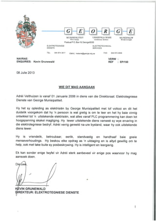 Testimonial Letter - George Municipality Electrotechnical   Department