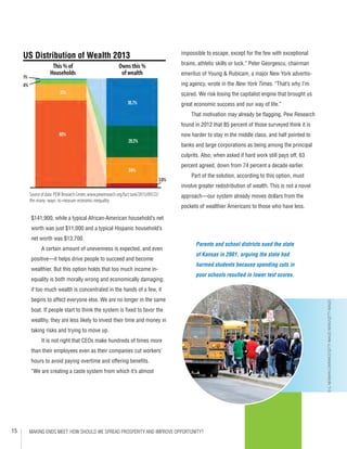 15 MAKING ENDS MEET: HOW SHOULD WE SPREAD PROSPERITY AND IMPROVE OPPORTUNITY?
$141,900, while a typical African-American household’s net
worth was just $11,000 and a typical Hispanic household’s
net worth was $13,700.
A certain amount of unevenness is expected, and even
positive—it helps drive people to succeed and become
wealthier. But this option holds that too much income in-
equality is both morally wrong and economically damaging;
if too much wealth is concentrated in the hands of a few, it
begins to affect everyone else. We are no longer in the same
boat. If people start to think the system is fixed to favor the
wealthy, they are less likely to invest their time and money in
taking risks and trying to move up.
It is not right that CEOs make hundreds of times more
than their employees even as their companies cut workers’
hours to avoid paying overtime and offering benefits.
“We are creating a caste system from which it’s almost
impossible to escape, except for the few with exceptional
brains, athletic skills or luck,” Peter Georgescu, chairman
emeritus of Young & Rubicam, a major New York advertis-
ing agency, wrote in the New York Times. “That’s why I’m
scared. We risk losing the capitalist engine that brought us
great economic success and our way of life.”
That motivation may already be flagging. Pew Research
found in 2012 that 85 percent of those surveyed think it is
now harder to stay in the middle class, and half pointed to
banks and large corporations as being among the principal
culprits. Also, when asked if hard work still pays off, 63
percent agreed, down from 74 percent a decade earlier.
Part of the solution, according to this option, must
involve greater redistribution of wealth. This is not a novel
approach—our system already moves dollars from the
pockets of wealthier Americans to those who have less.
US Distribution of Wealth 2013
This % of
Households
Owns this %
of wealth
Source of data: PEW Research Center, www.pewresearch.org/fact tank/2015/09/22/
the-many -ways- to-measure-economic-inequality
80%
15%
4%
1%
36.7%
28.2%
24%
3.6%
Parents and school districts sued the state
of Kansas in 2001, arguing the state had
harmed students because spending cuts in
poor schools resulted in lower test scores.
©G.NEWMANLOWRANCE/GETTYIMAGESNEWS/GETTYIMAGES
 