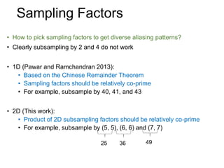 • How to pick sampling factors to get diverse aliasing patterns?
• Clearly subsampling by 2 and 4 do not work
• 1D (Pawar and Ramchandran 2013):
• Based on the Chinese Remainder Theorem
• Sampling factors should be relatively co-prime
• For example, subsample by 40, 41, and 43
• 2D (This work):
• Product of 2D subsampling factors should be relatively co-prime
• For example, subsample by (5, 5), (6, 6) and (7, 7)
Sampling Factors
25 36 49
 