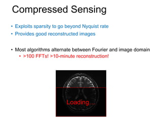 • Exploits sparsity to go beyond Nyquist rate
• Provides good reconstructed images
• Most algorithms alternate between Fourier and image domain
• >100 FFTs! >10-minute reconstruction!
Loading…
Compressed Sensing
 