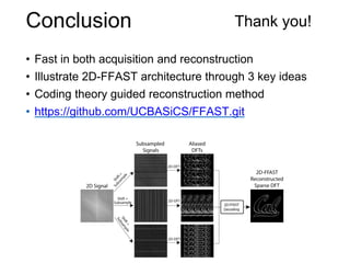 Conclusion
• Fast in both acquisition and reconstruction
• Illustrate 2D-FFAST architecture through 3 key ideas
• Coding theory guided reconstruction method
• https://github.com/UCBASiCS/FFAST.git
Thank you!
 
