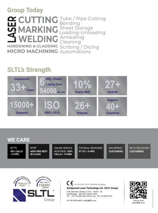 Group Today
WE CARE
CUSTOMERS
98.7% DELIGHTED
CUSTOMERS
60% REPEAT
97.3% < 6 HRS
PHYSICAL RESPONSE
ONLINE SERVICE
RESPONSE 100%
CALLS < 10 MIN
6000 HRS BEST
IN CLASS
MTBF
90% CALLS
< 8 HRS
MTTR
SLTL’s Strength
6
54000
Mfg. Plants
Laying Over
Sq. mtr.
ISO
9001-2015
10%
Yearly R&D
26+
Patents
15000+
Systems
40+
Countries
Exports
27+
Awards
Experience
Years
WORLD’S
FIRST
More Than
15000
Systems
+91-99-2503-6495 | mkt@SLTL.com
Sahajanand Laser Technology Ltd. (SLTL Group)
E-30, Electronic Estate, G.I.D.C., Sector - 26,
Gandhinagar - 382 028, Gujarat, India.
Tel : +91-79-2328-7461-63-64 Fax : +91-79-2328-7470
An ISO 9001:2015 Certiﬁed Company
Scan to Visit
www.SLTL.com
SLTB06LCM08V22CO
 