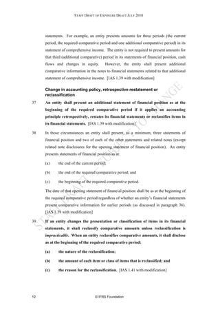 STAFF DRAFT OF EXPOSURE DRAFT JULY 2010




     statements. For example, an entity presents amounts for three periods (the current
     period, the required comparative period and one additional comparative period) in its
     statement of comprehensive income. The entity is not required to present amounts for
     that third (additional comparative) period in its statements of financial position, cash
     flows and changes in equity.          However, the entity shall present additional
     comparative information in the notes to financial statements related to that additional
     statement of comprehensive income. [IAS 1.39 with modification]

     Change in accounting policy, retrospective restatement or
     reclassification
37   An entity shall present an additional statement of financial position as at the
     beginning of the required comparative period if it applies an accounting
     principle retrospectively, restates its financial statements or reclassifies items in
     its financial statements. [IAS 1.39 with modification]

38   In those circumstances an entity shall present, as a minimum, three statements of
     financial position and two of each of the other statements and related notes (except
     related note disclosures for the opening statement of financial position). An entity
     presents statements of financial position as at:

     (a)     the end of the current period;

     (b)     the end of the required comparative period; and

     (c)     the beginning of the required comparative period.

     The date of that opening statement of financial position shall be as at the beginning of
     the required comparative period regardless of whether an entity’s financial statements
     present comparative information for earlier periods (as discussed in paragraph 36).
     [IAS 1.39 with modification]

39   If an entity changes the presentation or classification of items in its financial
     statements, it shall reclassify comparative amounts unless reclassification is
     impracticable. When an entity reclassifies comparative amounts, it shall disclose
     as at the beginning of the required comparative period:

     (a)     the nature of the reclassification;

     (b)     the amount of each item or class of items that is reclassified; and

     (c)     the reason for the reclassification. [IAS 1.41 with modification]




12                                   © IFRS Foundation
 