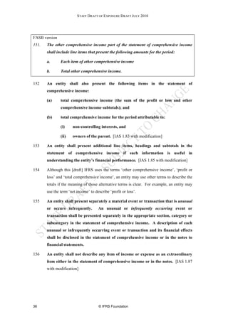STAFF DRAFT OF EXPOSURE DRAFT JULY 2010




FASB version
151.   The other comprehensive income part of the statement of comprehensive income
       shall include line items that present the following amounts for the period:

       a.      Each item of other comprehensive income

       b.      Total other comprehensive income.

152    An entity shall also present the following items in the statement of
       comprehensive income:

       (a)     total comprehensive income (the sum of the profit or loss and other
               comprehensive income subtotals); and

       (b)     total comprehensive income for the period attributable to:

               (i)    non-controlling interests, and

               (ii)   owners of the parent. [IAS 1.83 with modification]

153    An entity shall present additional line items, headings and subtotals in the
       statement of comprehensive income if such information is useful in
       understanding the entity’s financial performance. [IAS 1.85 with modification]

154    Although this [draft] IFRS uses the terms ‘other comprehensive income’, ‘profit or
       loss’ and ‘total comprehensive income’, an entity may use other terms to describe the
       totals if the meaning of those alternative terms is clear. For example, an entity may
       use the term ‘net income’ to describe ‘profit or loss’.

155    An entity shall present separately a material event or transaction that is unusual
       or occurs infrequently.        An unusual or infrequently occurring event or
       transaction shall be presented separately in the appropriate section, category or
       subcategory in the statement of comprehensive income. A description of each
       unusual or infrequently occurring event or transaction and its financial effects
       shall be disclosed in the statement of comprehensive income or in the notes to
       financial statements.

156    An entity shall not describe any item of income or expense as an extraordinary
       item either in the statement of comprehensive income or in the notes. [IAS 1.87
       with modification]




36                                    © IFRS Foundation
 