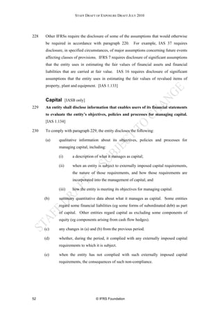 STAFF DRAFT OF EXPOSURE DRAFT JULY 2010




228   Other IFRSs require the disclosure of some of the assumptions that would otherwise
      be required in accordance with paragraph 220.         For example, IAS 37 requires
      disclosure, in specified circumstances, of major assumptions concerning future events
      affecting classes of provisions. IFRS 7 requires disclosure of significant assumptions
      that the entity uses in estimating the fair values of financial assets and financial
      liabilities that are carried at fair value. IAS 16 requires disclosure of significant
      assumptions that the entity uses in estimating the fair values of revalued items of
      property, plant and equipment. [IAS 1.133]


      Capital [IASB only]
229   An entity shall disclose information that enables users of its financial statements
      to evaluate the entity’s objectives, policies and processes for managing capital.
      [IAS 1.134]

230   To comply with paragraph 229, the entity discloses the following:

      (a)     qualitative information about its objectives, policies and processes for
              managing capital, including:

              (i)     a description of what it manages as capital;

              (ii)    when an entity is subject to externally imposed capital requirements,
                      the nature of those requirements, and how those requirements are
                      incorporated into the management of capital; and

              (iii)   how the entity is meeting its objectives for managing capital.

      (b)     summary quantitative data about what it manages as capital. Some entities
              regard some financial liabilities (eg some forms of subordinated debt) as part
              of capital. Other entities regard capital as excluding some components of
              equity (eg components arising from cash flow hedges).

      (c)     any changes in (a) and (b) from the previous period.

      (d)     whether, during the period, it complied with any externally imposed capital
              requirements to which it is subject.

      (e)     when the entity has not complied with such externally imposed capital
              requirements, the consequences of such non-compliance.




52                                   © IFRS Foundation
 