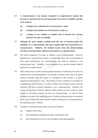 STAFF DRAFT OF EXPOSURE DRAFT JULY 2010




234   A remeasurement is an amount recognised in comprehensive income that
      increases or decreases the net carrying amount of an asset or a liability and that
      is the result of:

      (a)     a change in (or realisation of) a current price or value;

      (b)     a change in an estimate of a current price or value; or

      (c)     a change in any estimate or method used to measure the carrying
              amount of an asset or a liability.

235   Although the gross margin resulting from the sale of inventory meets the
      definition of a remeasurement, that gross margin shall not be presented as a
      remeasurement.        Similarly, the realised income from the market-making
      activities of a broker-dealer shall not be presented as a remeasurement.

236   The initial recognition of revenue or expense is not a remeasurement. However,
      adjustments to current period revenue or expense that arise from a reassessment of
      prior period performance are remeasurements and shall be disclosed in the
      remeasurement note. Similarly, a loss recognised on an onerous contract shall be
      disclosed as a remeasurement.

237   Some transactions or events result in a partial realisation or settlement of an asset or a
      liability but are not remeasurements. For example, a decline in the value of an equity
      security associated with the receipt of a dividend on that security is a partial
      realisation of that security’s value. This decline in value would have no net effect on
      comprehensive income because it would be offset by the dividend income received.
      Therefore, this type of partial realisation is not a remeasurement.        Similarly, the
      receipt (or payment) of interest related to debt securities and the receipt of rental
      income on investment property are also not remeasurements.             In each of these
      examples, the value of the underlying asset or liability declines because some portion
      of the asset or liability has been realised or settled, not because of a remeasurement of
      the underlying asset or liability.

238   Examples of remeasurements include, but are not limited to:

      (a)     changes in fair value;

      (b)     asset impairments (including inventory impairments); and

      (c)     the realised gain or loss on a sale of property, plant and equipment.




54                                     © IFRS Foundation
 