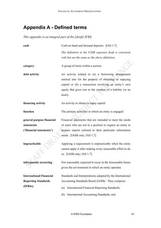 FINANCIAL STATEMENT PRESENTATION




Appendix A - Defined terms
This appendix is an integral part of the [draft] IFRS.

cash                          Cash on hand and demand deposits. [IAS 1.7]

                              The definition in the FASB exposure draft is consistent
                              with but not the same as the above definition.

category                      A group of items within a section.

debt activity                 An activity related to (a) a borrowing arrangement
                              entered into for the purpose of obtaining or repaying
                              capital or (b) a transaction involving an entity’s own
                              equity that gives rise to the creation of a liability (or an
                              asset).

financing activity            An activity to obtain or repay capital.

function                      The primary activities in which an entity is engaged.

general purpose financial     Financial statements that are intended to meet the needs
statements                    of users who are not in a position to require an entity to
(‘financial statements’)      prepare reports tailored to their particular information
                              needs. [IASB only; IAS 1.7]

impracticable                 Applying a requirement is impracticable when the entity
                              cannot apply it after making every reasonable effort to do
                              so. [IASB only; IAS 1.7]

infrequently occurring        Not reasonably expected to recur in the foreseeable future
                              given the environment in which an entity operates.

International Financial       Standards and Interpretations adopted by the International
Reporting Standards           Accounting Standards Board (IASB). They comprise:
(IFRSs)
                              (a) International Financial Reporting Standards;

                              (b) International Accounting Standards; and




                                        © IFRS Foundation                                    61
 