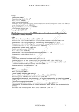FINANCIAL STATEMENT PRESENTATION




Equity:
 Issued capital (IFRS 3) 1
 Retained earnings ([draft] IFRS X) 3
 Share premium (IFRS 3) 1
 Other reserves ([draft] IFRS X) 3
 Cumulative income (expense) recognised in other comprehensive income relating to non-current assets or disposal
 group classified as held for sale (IFRS 5.38)
 Equity attributable to owners of parent* (IFRS 3) 1
 Non-controlling interests* (IAS 27) 1
Total equity ([draft] IFRS X) 3

The following are requirements within all IFRSs to present either in the statement of financial position
or in the notes to financial statements:

Assets:
 Major classes of assets classified as held for sale (IFRS 5.38)
 Financial assets at fair value through profit or loss, designated as upon initial recognition (IFRS 7.8a I)
 Financial assets at fair value through profit or loss, classified as held for trading (IFRS 7.8a ii)
 Financial assets at fair value through profit or loss, mandatorily measured at fair value (IFRS 7.8 a ii)
 Total financial assets at fair value through profit or loss (IFRS 7.8a)
 Financial assets available for sale (IFRS 7.8d)
 Held-to-maturity investments (IFRS 7.8b)
 Loans and receivables (IFRS 7.8c)
 Financial assets at fair value through other comprehensive income (IFRS 7.8h)
 Financial assets at amortised cost (IFRS 7.8f)

Liabilities:
 Major classes of liabilities classified as held for sale (IFRS 5.38)
 Financial liabilities at fair value through profit or loss, classified as held for trading (IFRS 7.8e ii)
 Financial liabilities at fair value through profit or loss, designated as upon initial recognition (IFRS 7.8e I)
 Total financial liabilities at fair value through profit or loss (IFRS 7.8e)
 Financial liabilities at amortised cost (IFRS 7.8g)

Equity:
 Treasury shares (IAS 32.34)
 Other equity interests (IFRS 3) 1
 Number of shares authorised ([draft] IFRS X) 3
 Number of shares issued and fully paid, and issued but not fully paid ([draft] IFRS X) 3
 Par value per share, or that the shares have no par value ([draft] IFRS X) 3
 Reconciliation of the number of shares outstanding at the beginning and at the end of the period ([draft] IFRS X) 3
 Rights, preferences and restrictions attaching to that class including restrictions on the distribution of dividends and
 the repayment of capital ([draft] IFRS X) 3
 Shares in the entity held by the entity or by its subsidiaries or associates ([draft] IFRS X) 3
 Shares reserved for issue under options and contracts for the sale of shares, including terms and amounts ([draft]
 IFRS X) 3
 Description of the nature and purpose of each reserve within equity ([draft] IFRS X) 3




                                                © IFRS Foundation                                              71
 
