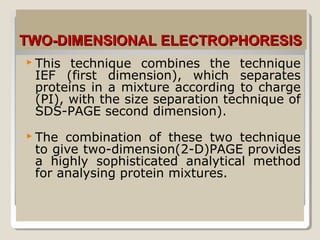 TWO-DIMENSIONAL ELECTROPHORESISTWO-DIMENSIONAL ELECTROPHORESIS
 This technique combines the technique
IEF (first dimension), which separates
proteins in a mixture according to charge
(PI), with the size separation technique of
SDS-PAGE second dimension).
 The combination of these two technique
to give two-dimension(2-D)PAGE provides
a highly sophisticated analytical method
for analysing protein mixtures.
 