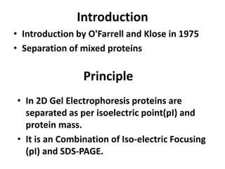 Introduction
• Introduction by O'Farrell and Klose in 1975
• Separation of mixed proteins
Principle
• In 2D Gel Electrophoresis proteins are
separated as per isoelectric point(pI) and
protein mass.
• It is an Combination of Iso-electric Focusing
(pI) and SDS-PAGE.
 