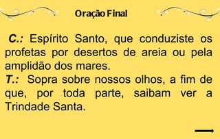 Oração Final

 C.: Espírito Santo, que conduziste os
profetas por desertos de areia ou pela
amplidão dos mares.
T.: Sopra sobre nossos olhos, a fim de
que, por toda parte, saibam ver a
Trindade Santa.
 