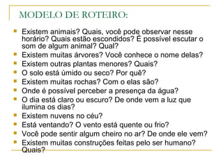MODELO DE ROTEIRO:
 Existem animais? Quais, você pode observar nesse
horário? Quais estão escondidos? É possível escutar o
som de algum animal? Qual?
 Existem muitas árvores? Você conhece o nome delas?
 Existem outras plantas menores? Quais?
 O solo está úmido ou seco? Por quê?
 Existem muitas rochas? Com o elas são?
 Onde é possível perceber a presença da água?
 O dia está claro ou escuro? De onde vem a luz que
ilumina os dias?
 Existem nuvens no céu?
 Está ventando? O vento está quente ou frio?
 Você pode sentir algum cheiro no ar? De onde ele vem?
 Existem muitas construções feitas pelo ser humano?
Quais?
 