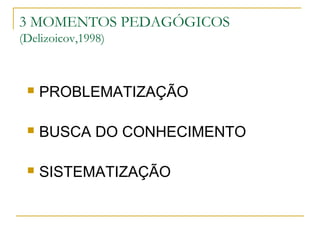 3 MOMENTOS PEDAGÓGICOS
(Delizoicov,1998)
 PROBLEMATIZAÇÃO
 BUSCA DO CONHECIMENTO
 SISTEMATIZAÇÃO
 