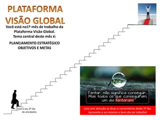 Leia com atenção as dicas e comentários deste 2º dia.
Aproveite-a ao máximo e bom dia de trabalho!
Você está no1º mês de trabalho da
Plataforma Visão Global.
Tema central deste mês é:
PLANEJAMENTO ESTRATÉGICO
OBJETIVOS E METAS
Esse é seu 2º dia
de atividades.
 
