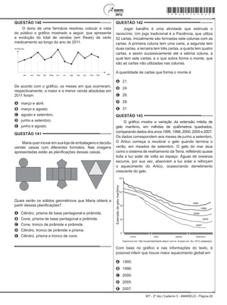 MT - 2º dia | Caderno 5 - AMARELO - Página 20
QUESTÃO 140	
O dono de uma farmácia resolveu colocar à vista
do público o gráfico mostrado a seguir, que apresenta
a evolução do total de vendas (em Reais) de certo
medicamento ao longo do ano de 2011.
Jan Fev Mar Abr Maio Jun Jul Ago Set Out Nov Dez mês
(R$)
De acordo com o gráfico, os meses em que ocorreram,
respectivamente, a maior e a menor venda absolutas em
2011 foram
A	 março e abril.
B	 março e agosto.
C	 agosto e setembro.
D	 junho e setembro.
E	 junho e agosto.
QUESTÃO 141	
Maria quer inovar em sua loja de embalagens e decidiu
vender caixas com diferentes formatos. Nas imagens
apresentadas estão as planificações dessas caixas.
Quais serão os sólidos geométricos que Maria obterá a
partir dessas planificações?
A	 Cilindro, prisma de base pentagonal e pirâmide.
B	 Cone, prisma de base pentagonal e pirâmide.
C	 Cone, tronco de pirâmide e pirâmide.
D	 Cilindro, tronco de pirâmide e prisma.
E	 Cilindro, prisma e tronco de cone.
,
QUESTÃO 142	
Jogar baralho é uma atividade que estimula o
raciocínio. Um jogo tradicional é a Paciência, que utiliza
52 cartas. Inicialmente são formadas sete colunas com as
cartas. A primeira coluna tem uma carta, a segunda tem
duas cartas, a terceira tem três cartas, a quarta tem quatro
cartas, e assim sucessivamente até a sétima coluna, a
qual tem sete cartas, e o que sobra forma o monte, que
são as cartas não utilizadas nas colunas.
A quantidade de cartas que forma o monte é
A	 21.
B	 24.
C	 26.
D	 28.
E	 31.
QUESTÃO 143	
O gráfico mostra a variação da extensão média de
gelo marítimo, em milhões de quilômetros quadrados,
comparando dados dos anos 1995, 1998, 2000, 2005 e 2007.
Os dados correspondem aos meses de junho a setembro.
O Ártico começa a recobrar o gelo quando termina o
verão, em meados de setembro. O gelo do mar atua
como o sistema de resfriamento da Terra, refletindo quase
toda a luz solar de volta ao espaço. Águas de oceanos
escuros, por sua vez, absorvem a luz solar e reforçam
o aquecimento do Ártico, ocasionando derretimento
crescente do gelo.
Extensãodegelomarítimo
15
12
9
6
3
Junho Julho Agosto Setembro
1995
1998
2000
2005
2007
Disponível em: http://sustentabilidade.allianz.com.br. Acesso em: fev. 2012 (adaptado).
Com base no gráfico e nas informações do texto, é
possível inferir que houve maior aquecimento global em
A	 1995.
B	 1998.
C	 2000.
D	 2005.
E	 2007.
*amar25dom20*
 