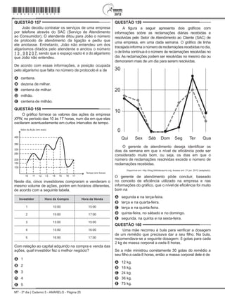 MT - 2º dia | Caderno 5 - AMARELO - Página 25
QUESTÃO 157	
João decidiu contratar os serviços de uma empresa
por telefone através do SAC (Serviço de Atendimento
ao Consumidor). O atendente ditou para João o número
de protocolo de atendimento da ligação e pediu que
ele anotasse. Entretanto, João não entendeu um dos
algarismos ditados pelo atendente e anotou o número
1 3    9 8 2 0 7, sendo que o espaço vazio é o do algarismo
que João não entendeu.
De acordo com essas informações, a posição ocupada
pelo algarismo que falta no número de protocolo é a de
A	 centena.
B	 dezena de milhar.
C	 centena de milhar.
D	 milhão.
E	 centena de milhão.
QUESTÃO 158	
O gráfico fornece os valores das ações da empresa
XPN, no período das 10 às 17 horas, num dia em que elas
oscilaram acentuadamente em curtos intervalos de tempo.
460
380
330
280
200
150
100
10 11 12 13 14 15 16 17
Valor da Ação (em reais)
Tempo (em horas)
Neste dia, cinco investidores compraram e venderam o
mesmo volume de ações, porém em horários diferentes,
de acordo com a seguinte tabela.
Investidor Hora da Compra Hora da Venda
1 10:00 15:00
2 10:00 17:00
3 13:00 15:00
4 15:00 16:00
5 16:00 17:00
Com relação ao capital adquirido na compra e venda das
ações, qual investidor fez o melhor negócio?
A	 1
B	 2
C	 3
D	 4
E	 5
QUESTÃO 159	
A figura a seguir apresenta dois gráficos com
informações sobre as reclamações diárias recebidas e
resolvidas pelo Setor de Atendimento ao Cliente (SAC) de
uma empresa, em uma dada semana. O gráfico de linha
tracejada informa o número de reclamações recebidas no dia,
o de linha contínua é o número de reclamações resolvidas no
dia. As reclamações podem ser resolvidas no mesmo dia ou
demorarem mais de um dia para serem resolvidas.
20
10
0
Qui Sex Sáb Dom Se er Qua
O gerente de atendimento deseja identificar os
dias da semana em que o nível de eficiência pode ser
considerado muito bom, ou seja, os dias em que o
número de reclamações resolvidas excede o número de
reclamações recebidas.
Disponível em: http://blog.bibliotecaunix.org. Acesso em: 21 jan. 2012 (adaptado).
O gerente de atendimento pôde concluir, baseado
no conceito de eficiência utilizado na empresa e nas
informações do gráfico, que o nível de eficiência foi muito
bom na
A	 segunda e na terça-feira.
B	 terça e na quarta-feira.
C	 terça e na quinta-feira.
D	 quinta-feira, no sábado e no domingo.
E	 segunda, na quinta e na sexta-feira.
QUESTÃO 160	
Uma mãe recorreu à bula para verificar a dosagem
de um remédio que precisava dar a seu filho. Na bula,
recomendava-se a seguinte dosagem: 5 gotas para cada
2 kg de massa corporal a cada 8 horas.
Se a mãe ministrou corretamente 30 gotas do remédio a
seu filho a cada 8 horas, então a massa corporal dele é de
A	 12 kg.
B	 16 kg.
C	 24 kg.
D	 36 kg.
E	 75 kg.
*amar25dom25*
 