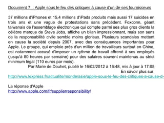Document 7 : Apple sous le feu des critiques à cause d'un de ses fournisseurs
37 millions d'iPhones et 15,4 millions d'iPads produits mais aussi 17 suicides en
trois ans et une vague de protestations sans précédent. Foxconn, géant
taiwanais de l'assemblage électronique qui compte parmi ses plus gros clients la
célèbre marque de Steve Jobs, affiche un bilan impressionnant, mais son sens
de la responsabilité civile semble moins glorieux. Plusieurs scandales mettent
en cause la société depuis 2007, avec des conséquences importantes pour
Apple. Le groupe, qui emploie près d'un million de travailleurs surtout en Chine,
est notamment accusé d'imposer un rythme de travail effrené à ses employés
(jusqu'à 80 heures par semaine) pour des salaires souvent maintenus au strict
minimum légal (110 euros par mois).
Par Marie de Douhet, publié le 16/02/2012 à 16:48, mis à jour à 17:05
En savoir plus sur
http://www.lexpress.fr/actualite/monde/asie/apple-sous-le-feu-des-critiques-a-cause-d-u
La réponse d'Apple
http://www.apple.com/fr/supplierresponsibility/
 