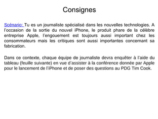 Consignes
Scénario: Tu es un journaliste spécialisé dans les nouvelles technologies. A
l’occasion de la sortie du nouvel iPhone, le produit phare de la célèbre
entreprise Apple, l’engouement est toujours aussi important chez les
consommateurs mais les critiques sont aussi importantes concernant sa
fabrication.
Dans ce contexte, chaque équipe de journaliste devra enquêter à l’aide du 
tableau (feuille suivante) en vue d’assister à la conférence donnée par Apple 
pour le lancement de l’iPhone et de poser des questions au PDG Tim Cook.
 