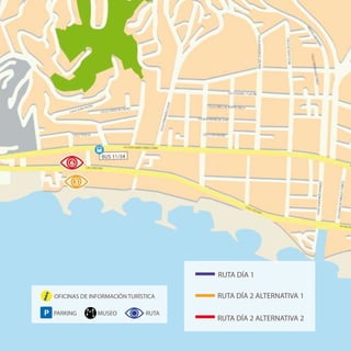 RUTA DÍA 1
RUTA DÍA 2 ALTERNATIVA 1
RUTA DÍA 2 ALTERNATIVA 2
P
OFICINAS DE INFORMACIÓN TURÍSTICA
PARKING MUSEO RUTA
 