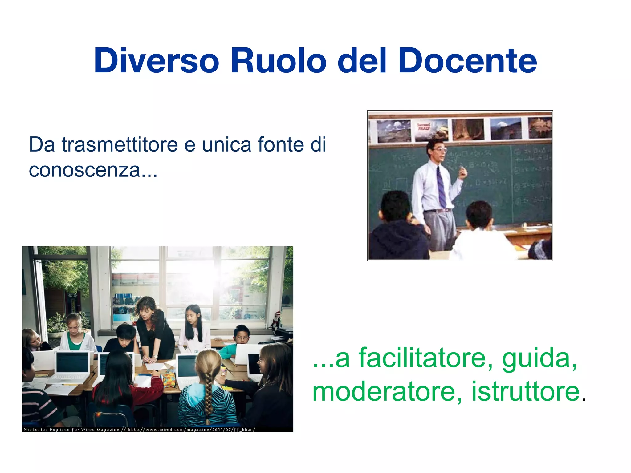 Diverso Ruolo del Docente
Da trasmettitore e unica fonte di
conoscenza...

...a facilitatore, guida,
moderatore, istruttore.

 