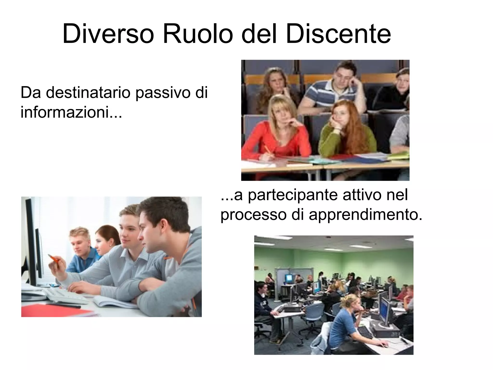 Diverso Ruolo del Discente
Da destinatario passivo di
informazioni...

...a partecipante attivo nel
processo di apprendimento.

 