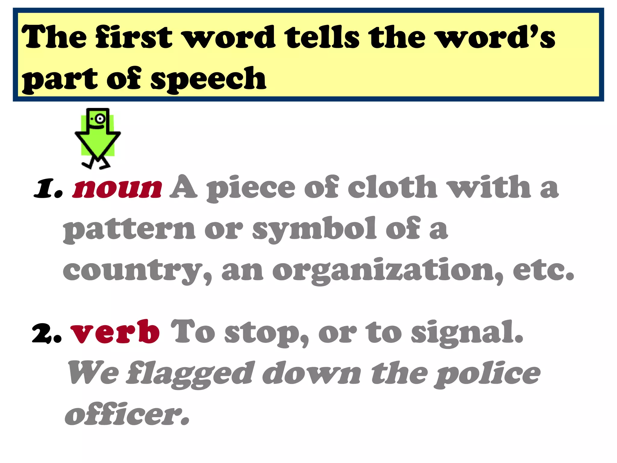 The first word tells the word’s
flag (flag)
part of speech


1. noun A piece of cloth with a
  pattern or symbol of a
  country, an organization, etc.
2. verb To stop, or to signal.
  We flagged down the police
  officer.
 