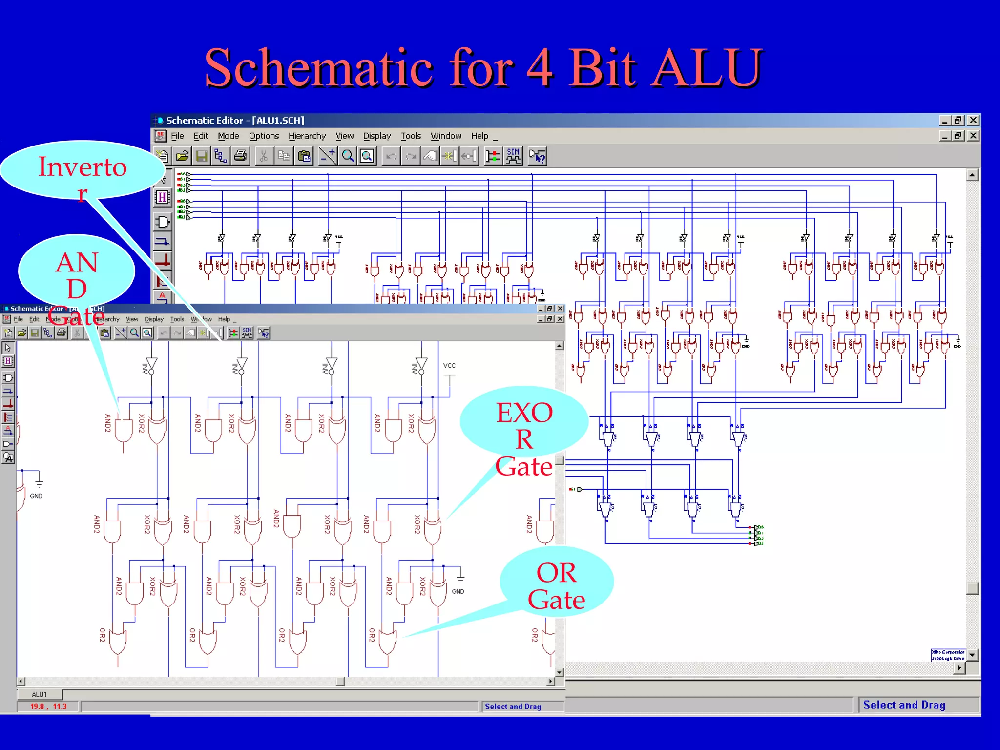 Schematic for 4 Bit ALUSchematic for 4 Bit ALU
AN
D
Gate
OR
Gate
EXO
R
Gate
Inverto
r
 