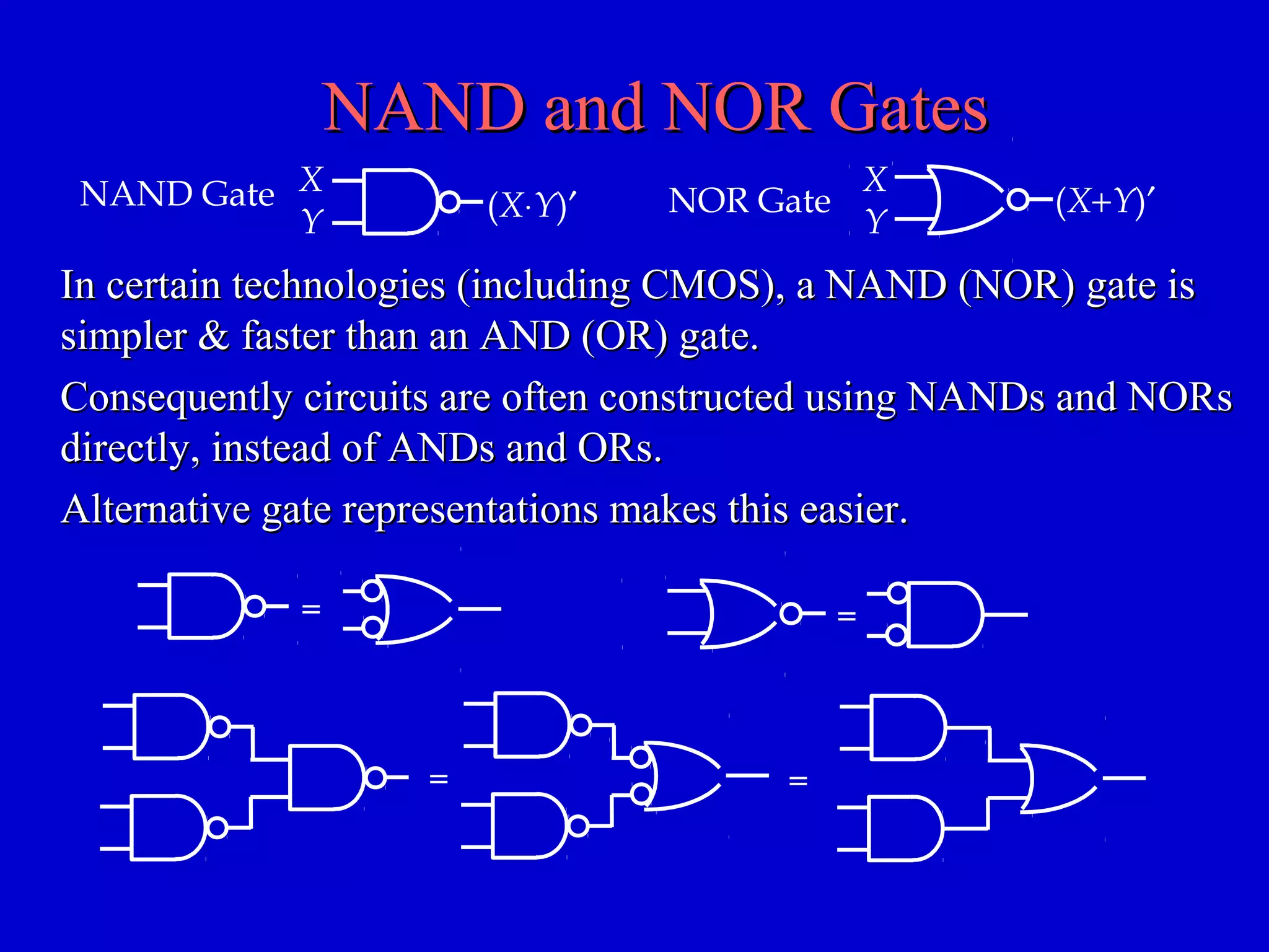 NAND and NOR GatesNAND and NOR Gates
In certain technologies (including CMOS), a NAND (NOR) gate isIn certain technologies (including CMOS), a NAND (NOR) gate is
simpler & faster than an AND (OR) gate.simpler & faster than an AND (OR) gate.
Consequently circuits are often constructed using NANDs and NORsConsequently circuits are often constructed using NANDs and NORs
directly, instead of ANDs and ORs.directly, instead of ANDs and ORs.
Alternative gate representations makes this easier.Alternative gate representations makes this easier.
X
Y (X⋅Y)′NAND Gate (X+Y)′
X
Y
NOR Gate
= =
==
 