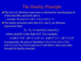 The Duality Principle 
 The dual of a Boolean expression is obtained by interchanging all 
ANDs and ORs, and all 0s and 1s. 
– example: the dual of A+(BC )+0 is A(B+C )1 
 The duality principle states that if E1 and E2 are Boolean 
expressions then 
E1= E2  dual (E1)=dual (E2) 
where dual(E) is the dual of E. For example, 
A+(BC )+0 = (B C )+D  A(B+C)1 = (B +C )D 
Consequently, the pairs of identities (1,2), (3,4), (5,6), (7,8), 
(10,11), (12,13), (14,15) and (16,17) all follow from each other 
through the duality principle. 
 