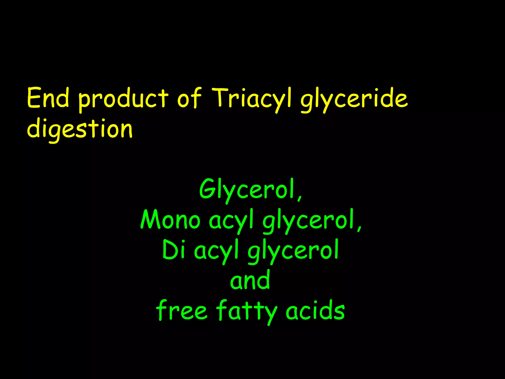 End product of Triacyl glyceride
digestion
Glycerol,
Mono acyl glycerol,
Di acyl glycerol
and
free fatty acids
 