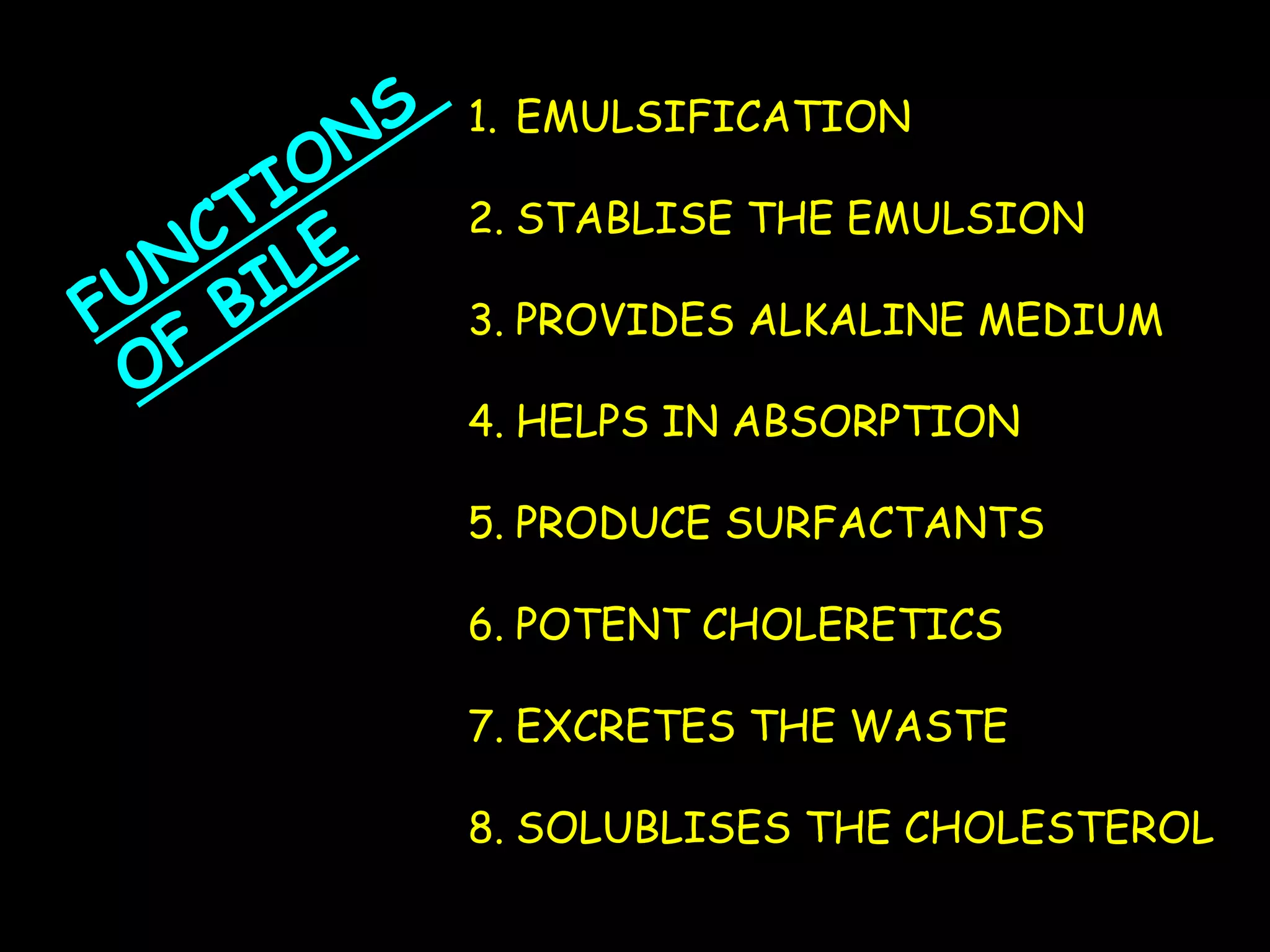 1. EMULSIFICATION
2. STABLISE THE EMULSION
3. PROVIDES ALKALINE MEDIUM
4. HELPS IN ABSORPTION
5. PRODUCE SURFACTANTS
6. POTENT CHOLERETICS
7. EXCRETES THE WASTE
8. SOLUBLISES THE CHOLESTEROL
 