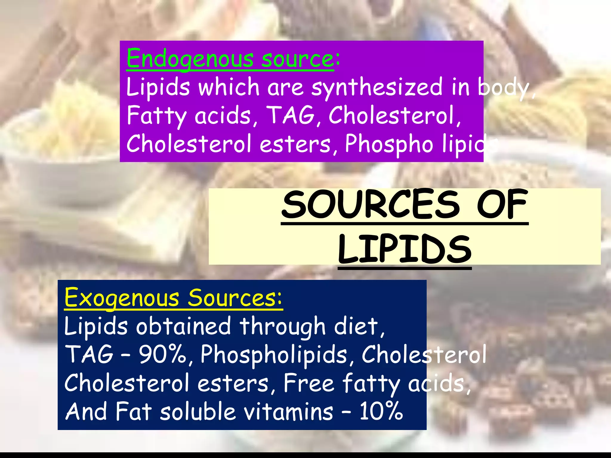 SOURCES OF
LIPIDS
Endogenous source:
Lipids which are synthesized in body,
Fatty acids, TAG, Cholesterol,
Cholesterol esters, Phospho lipids
Exogenous Sources:
Lipids obtained through diet,
TAG – 90%, Phospholipids, Cholesterol
Cholesterol esters, Free fatty acids,
And Fat soluble vitamins – 10%
 