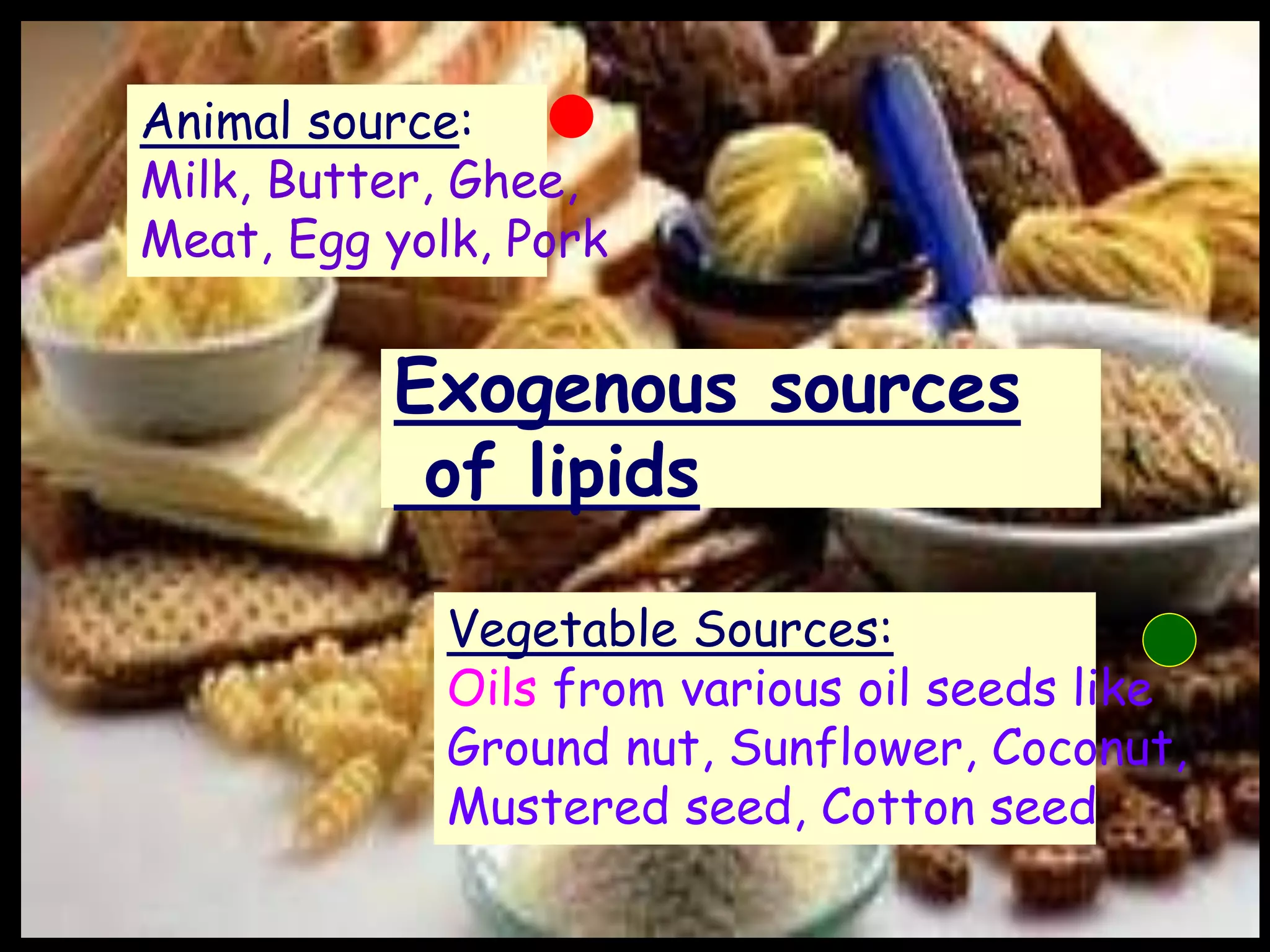 Exogenous sources
of lipids
Animal source:
Milk, Butter, Ghee,
Meat, Egg yolk, Pork
Vegetable Sources:
Oils from various oil seeds like
Ground nut, Sunflower, Coconut,
Mustered seed, Cotton seed
 