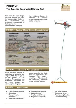 DIGHEM V
The Superior Geophysical Survey Tool
For over 30 years Fugro
Airborne Surveys has been
the acknowledged leader in
the development and
continuous improvement of
helicopter-borne
electromagnetic surveying.
Fugro Airborne Surveys is
committed to extensive and
ongoing R&D that keeps us
at the forefront of our
industry. The scientists and
technicians responsible for
our R&D program are
continually breaking new
Fugro Airborne Surveys is
committed to providing
exceptional service and value
to all of our clients.
ground, extending the depth
of DIGHEMV
penetration and
increasing the system’s
sensitivity. Advancements
are introduced continually
into the DIGHEMV
system.
• Salt water intrusion
• Geothermal zones
• Water bearing fomations
• Coastal bathymetry
DIGHEMV
Research And Development
V
• Sand & gravel deposits
• Paleochannels
• Overburden thickness
• Magnetic susceptibility
V
DIGHEM V
Applications
DIGHEM V
System Offers Unique Characteristics
Unique Features
Separation of 8.0
metres between
transmitting and
receiving coils
Greatest range of
standard frequencies in
the industry
( 380Hz - 56,000Hz)
Magnetometer
located in DIGHEM
bird
Benefits
Larger band
width in the EM
data
Higher resolution
magnetic data
Complete geophysical
products in the field
Advantages
Improved resolution
and depth of
penetration
Improved interpretation
Improved
representation of the
top few metres
Improved
interpretation
Immediate follow-
up
Highest standard
frequency (56,000 Hz)
Specialized PC
based HEM
processing software
The highest
signal to noise
ratio in the
industry
Better near
surface resolution
• Conductive ore deposits
• Kimberlites
• Platinum-bearing
ultramafics
• Gold-bearing structures
 