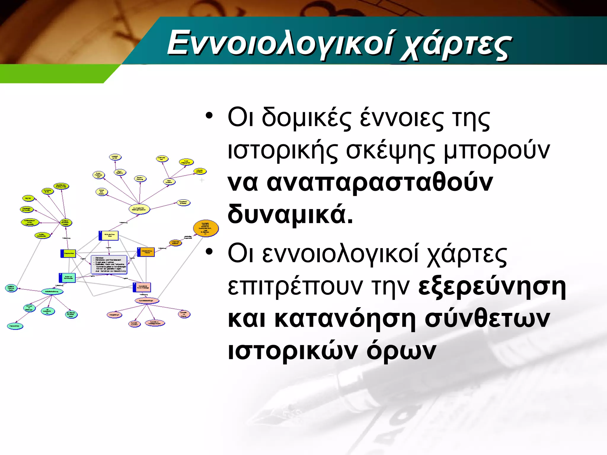 Εννοιολογικοί χάρτες

  • Οι δομικές έννοιες της
    ιστορικής σκέψης μπορούν
    να αναπαρασταθούν
    δυναμικά.
  • Οι εννοιολογικοί χάρτες
    επιτρέπουν την εξερεύνηση
    και κατανόηση σύνθετων
    ιστορικών όρων
 