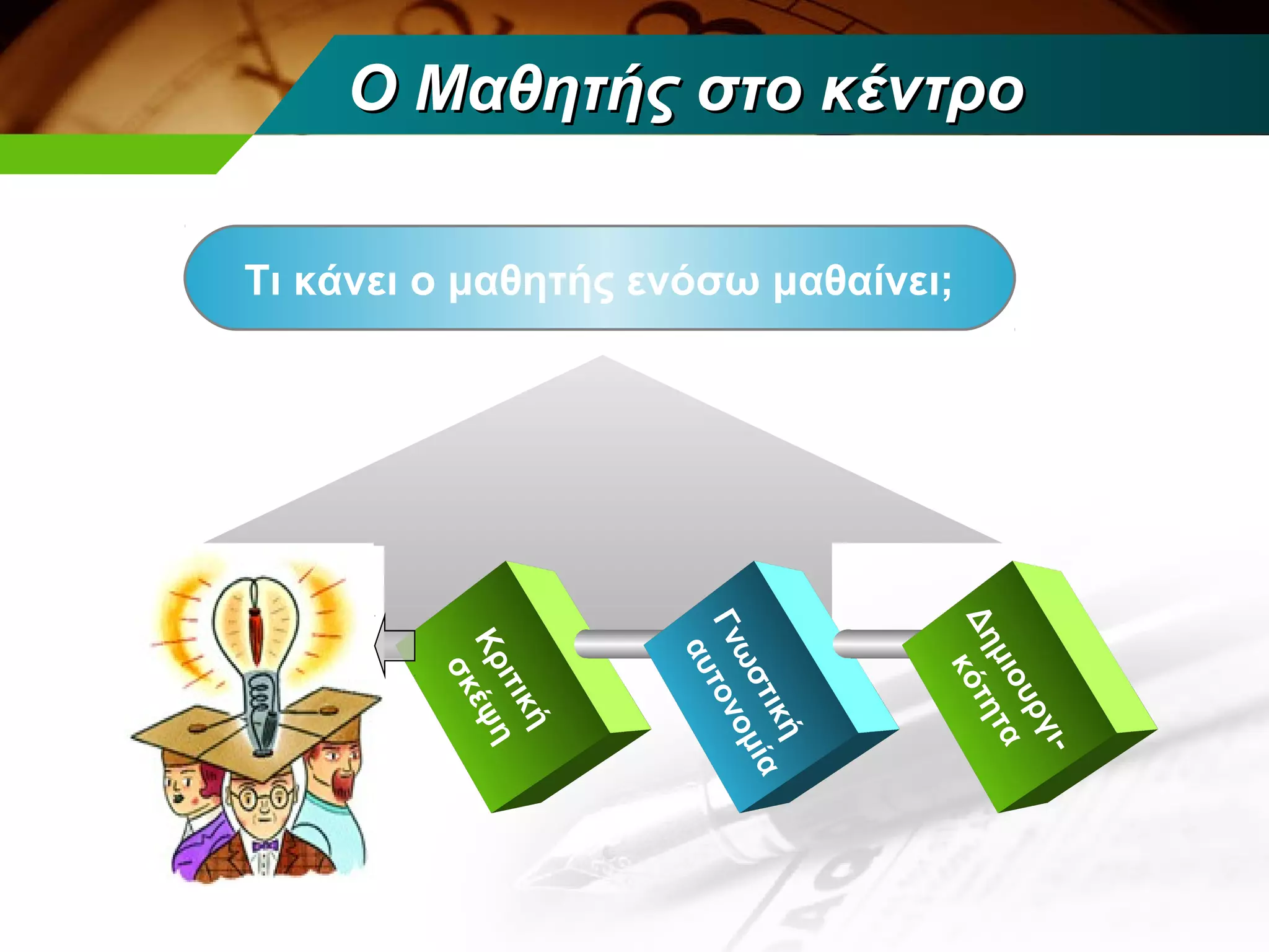 Ο Μαθητής στο κέντρο

   Τι κάνει ο μαθητής ενόσω μαθαίνει;




                                       Δη κότη
                       Γν τον
            Κρ έψη




                         αυ
                         ωσ ομ




                                         μιο τα
             σκ
              ιτι




                                       TEXT
                            τ ικ ί α




                                            υρ
TEXT                    TEXT
                  κή




                                               γι -
                                ή
 