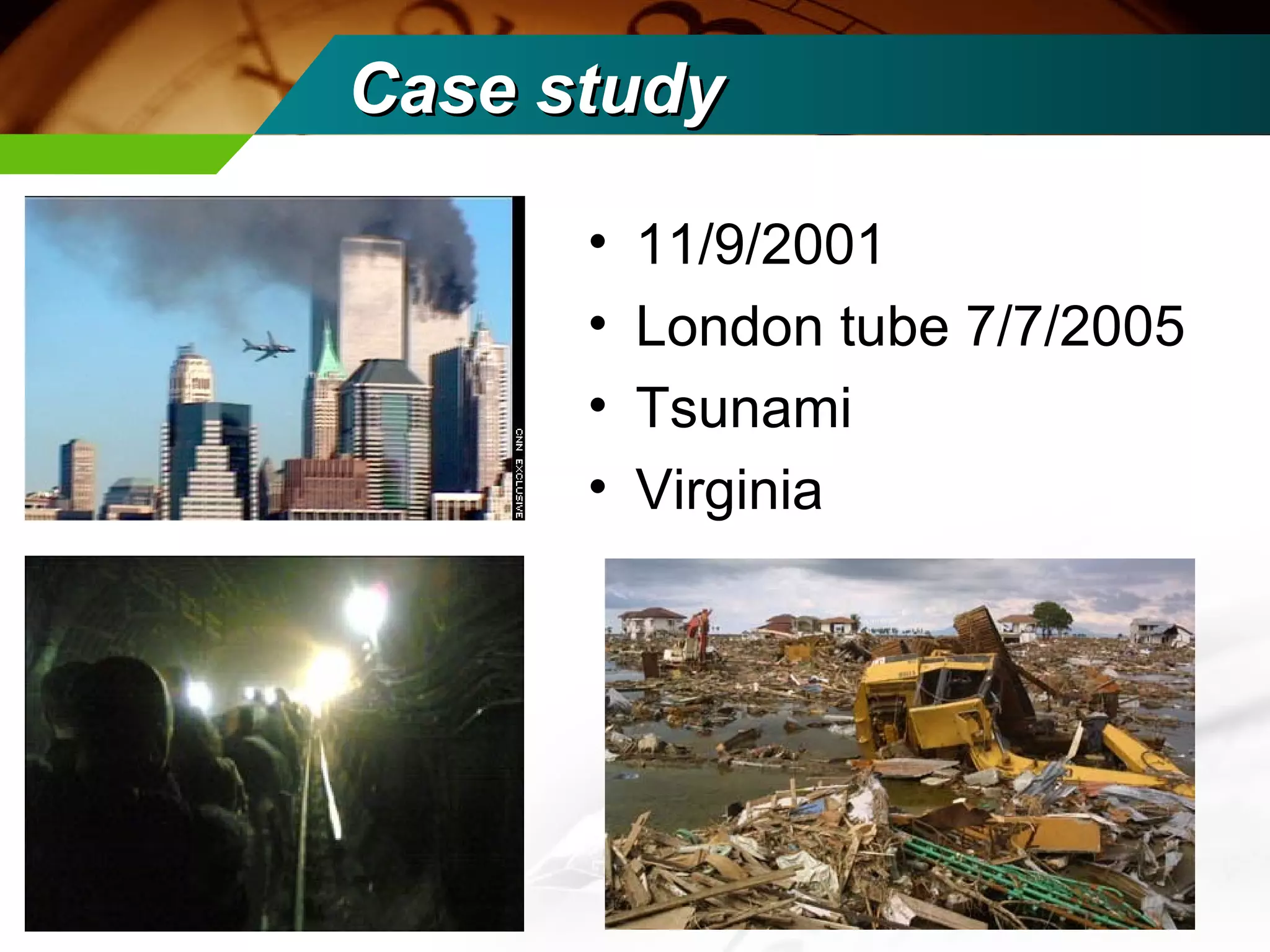 Case study

      •   11/9/2001
      •   London tube 7/7/2005
      •   Tsunami
      •   Virginia
 
