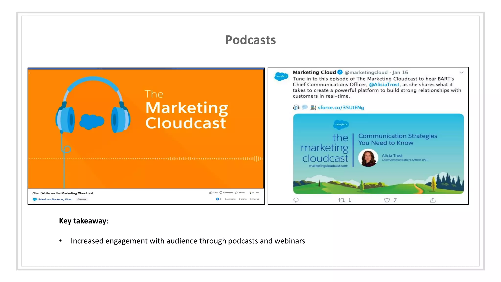 Podcasts
Key takeaway:
• Increased engagement with audience through podcasts and webinars
 