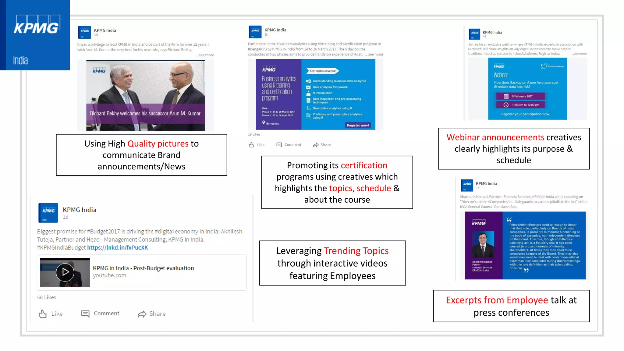 Leveraging Trending Topics
through interactive videos
featuring Employees
Excerpts from Employee talk at
press conferences
Webinar announcements creatives
clearly highlights its purpose &
schedule
Promoting its certification
programs using creatives which
highlights the topics, schedule &
about the course
Using High Quality pictures to
communicate Brand
announcements/News
 