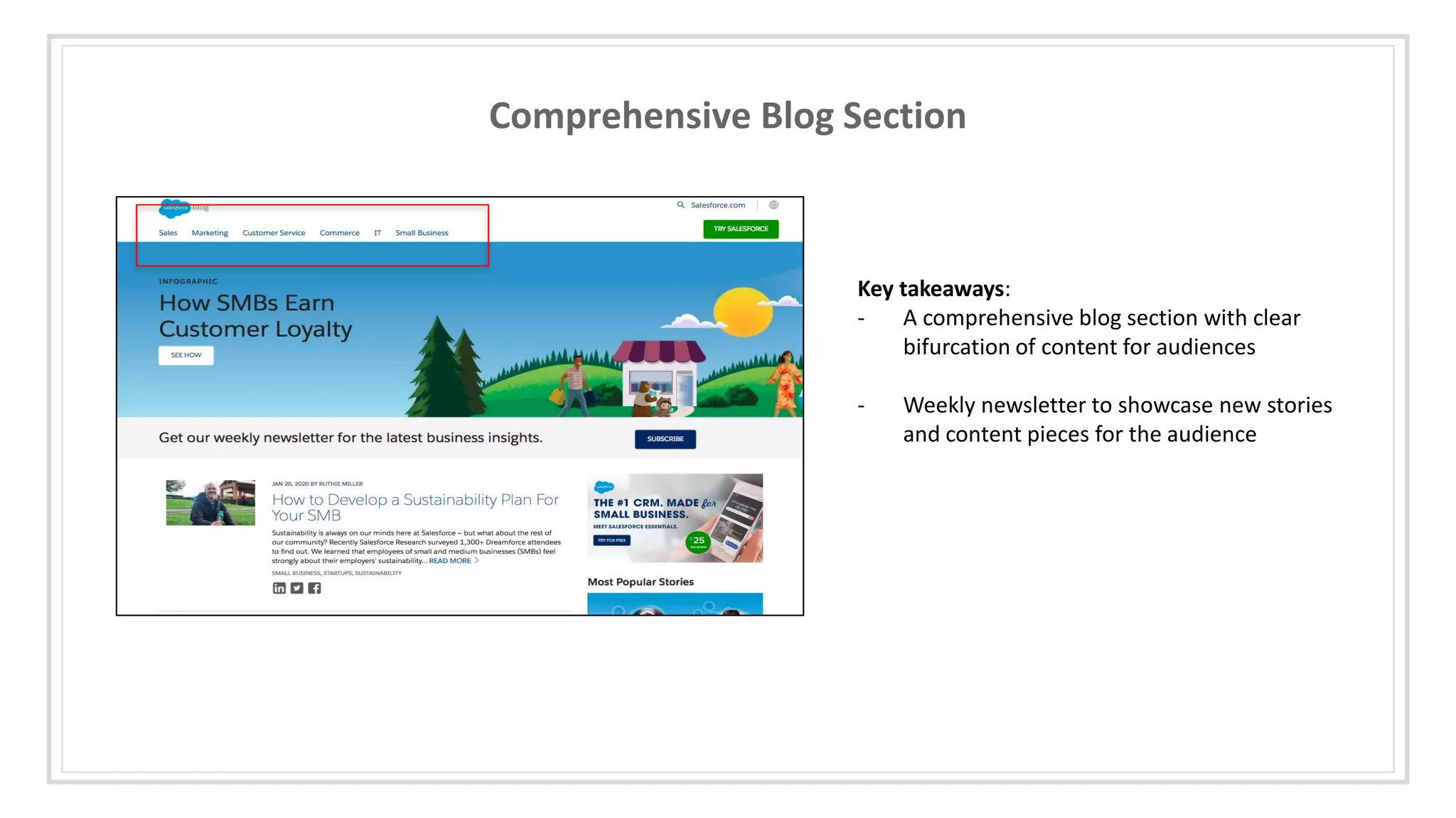 Comprehensive Blog Section
Key takeaways:
- A comprehensive blog section with clear
bifurcation of content for audiences
- Weekly newsletter to showcase new stories
and content pieces for the audience
 