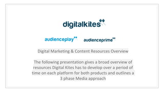 Digital Marketing & Content Resources Overview
The following presentation gives a broad overview of
resources Digital Kites has to develop over a period of
time on each platform for both products and outlines a
3 phase Media approach
 