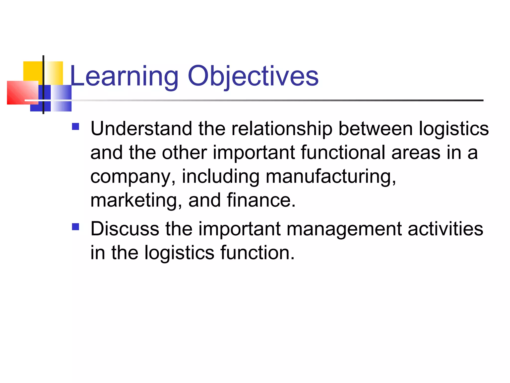 Learning Objectives
 Understand the relationship between logistics
and the other important functional areas in a
company, including manufacturing,
marketing, and finance.
 Discuss the important management activities
in the logistics function.
 